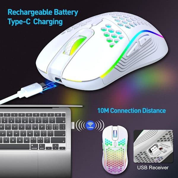 2025 Seneste Model Trådløs Gamingmus, Genopladelig Computermus Ergonomisk Bikube-design med RGB-baggrundsbelysning, USB-modtager, 7 Knapper