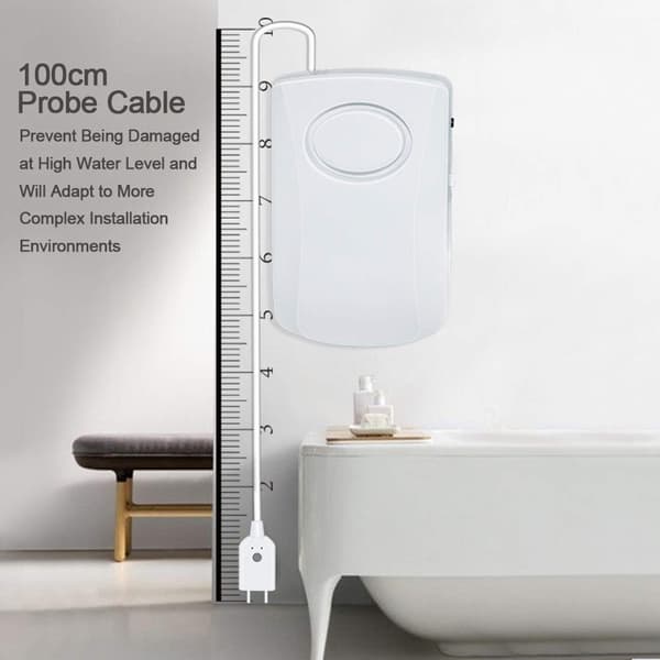 130dB Vattenläckalarm, 95 cm lång kabel, med sensor, hemlarmsystem för vattenläckagedetektering, batterier ingår