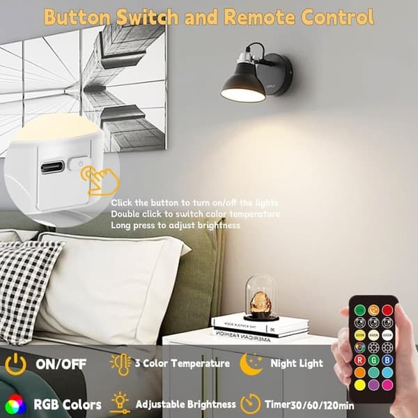 USB-charged RGB LED lamp with remote control - E27 smart bulb, 12 colors + dimmable (800 lumens), 3-hour timer, rechargeable night light