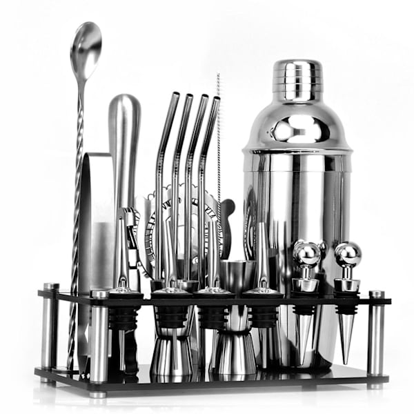 Cocktail Shaker Set med Akrylställ, 20-delad Set, Presenter till Män Pappa Farfar, Rostfritt Stål Barten