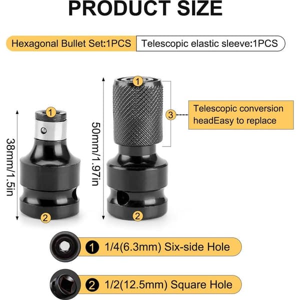 Sæt med 2 slagskruetrækkerbits, topnøgleadapter, 1/2 \" til 1/4 \" adapter, topnøglebits, stålbits til skraldenøgle og skruetrækker