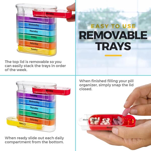 Weekly Pill Organizer, Four Times a Day, 1 Dispenser with Stackable AM/PM Compartments