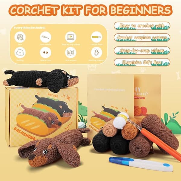 Crochet Kit for Beginners, Complete Dachshund Animal Crochet Kit with Yarn, Crochet Hooks and Needles, Step-by-Step Video Guide