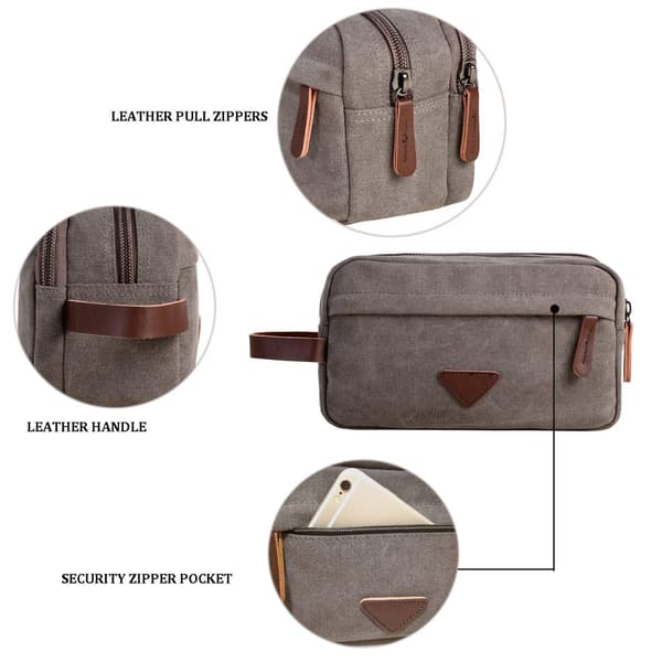 Herr Necessär med Dubbla Fack Canvas Läder Kosmetisk Makeup Organizer Rakning Dopp Kits - Grå