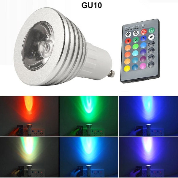 GU10 3W 16 Farger LED RGB Lyspære Lampe Trådløs Fjernkontroll Sølv Silver
