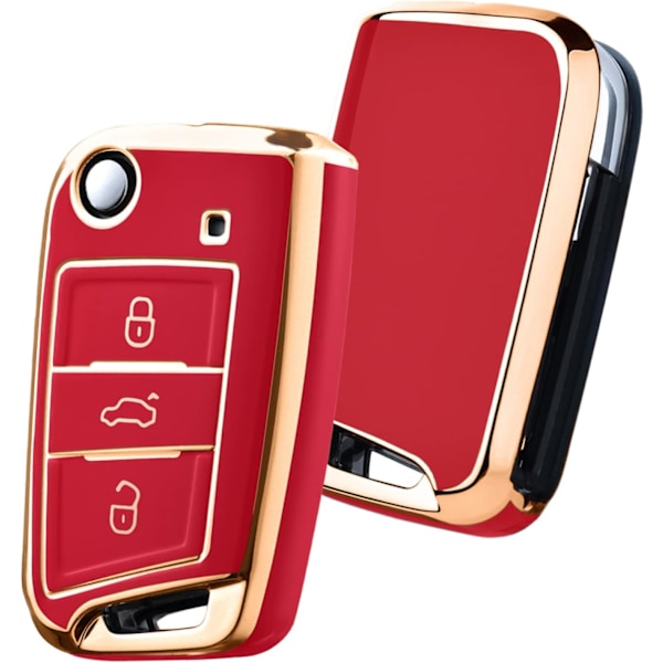 Nøkkelbeskyttelse for VW Golf 7 Nøkkelboks/Nøkkelveske for VW, Polo, Skoda, Seat, 3 knapper Golden Edge Red
