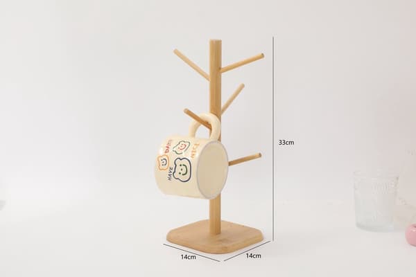 Coffee Mug Holder Bamboo - 6 Hooks - Space Saving - Stable - For Kitchen Counter or Coffee Bar