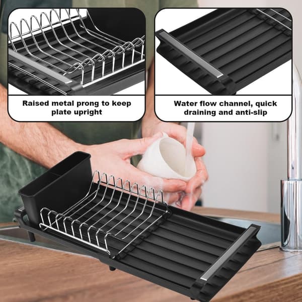 Stainless Steel Dish Drying Rack with Extendable Drainboard, Single Tier with Removable Cutlery Holder (Black)