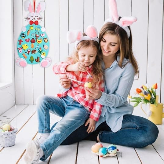 Easter Felt Bunny Wall Hanging Set with Removable Decorations, Festive Holiday Decorations for Home Decor