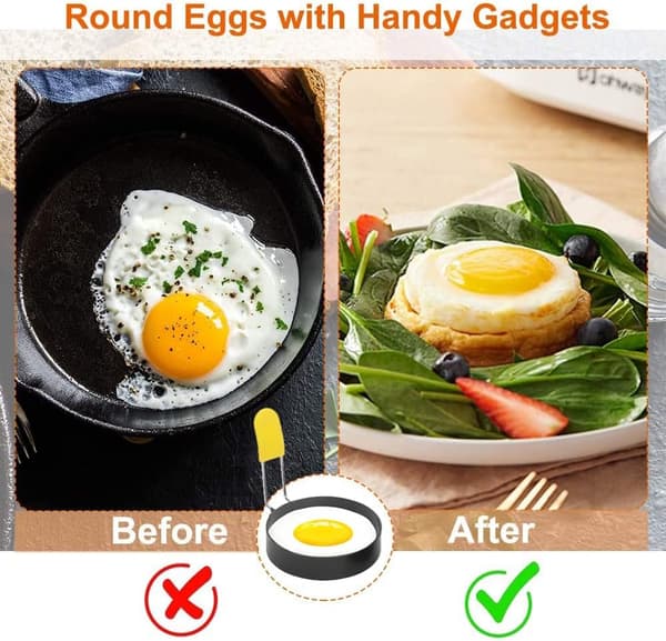 Eggringer for steking av egg og muffins; runde eggformer for matlaging av brød og smørbrød; rustfritt stål med non-stick belegg.