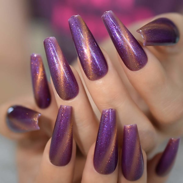 Charmiga Lila Lösnaglar Galaxy Shimmer Glitter GEL Naglar Handmålade Nagelkonst Tips Lång Ballerina Press-on Naglar Fingernaglar 20
