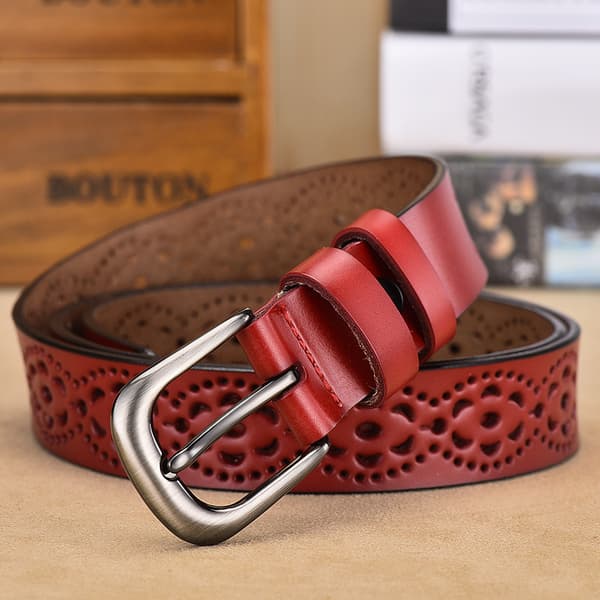 Women's Hollowed Flower Leather Belt for Jeans Pants Soft Leather Belt with Solid Buckle Red