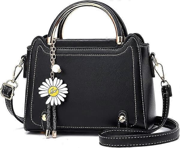 Liten Crossbody-väska för Kvinnor Topphandtag Väskor Söta Axelväskor PU Läder Flickor Messenger Väskor Dam Handväskor med Blomprydnad (Svart)