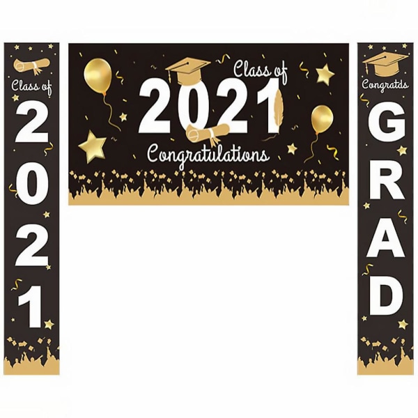 1 Sæt af 3 stk. Graduation Dørbanner Klasse af 2021 Skilt Graduation Season Dekoration Sort 180X30CM Black 180X30CM