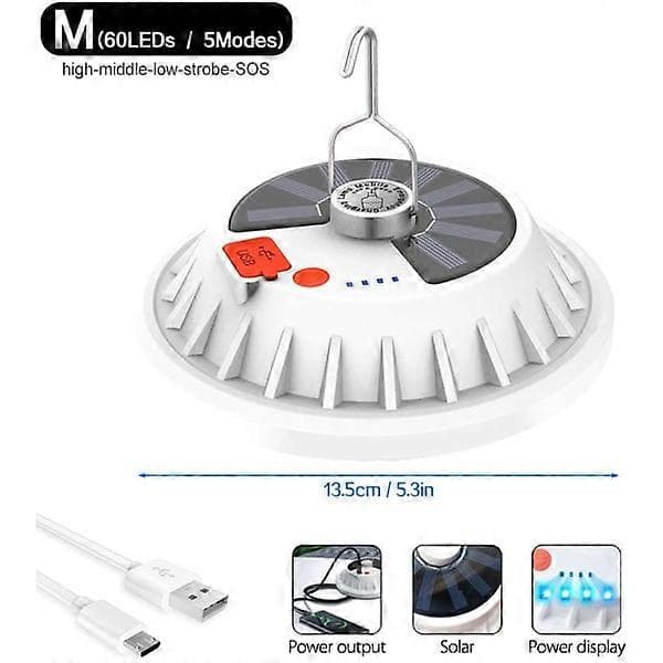 Bærbar campinglampe utendørs teltlampe 5 moduser solcellelampe, USB