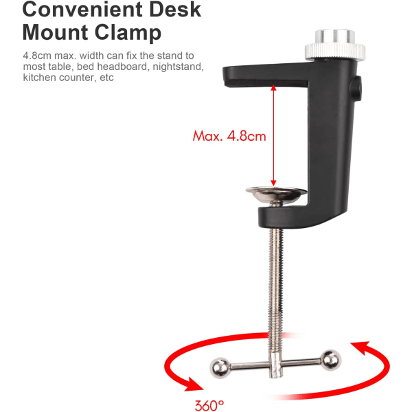 Bordlampe Stativ, Fleksibel Metallstøtte - 1/4\" Skrue - Maksimal belastning: 3 kg - med Fleksibel Kuleledd - Bordklemme - Fjernutløser