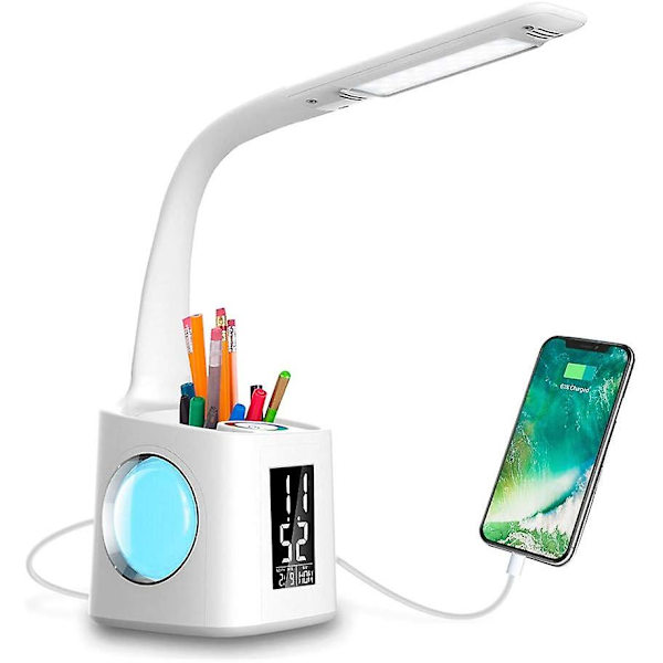 Opetukseen sopiva pöytälamppu USB-latausportilla & näytöllä & kalenterilla & värillisellä yövalolla, lasten himmennettävä LED-pöytälamppu kynätelineellä & kellolla, pöytälukulaite