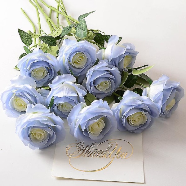 12st konstgjorda rosor falska blommor Enkla långa stamblommor för bröllopsarrangemang Fest hemdekorationerIsblå Ice blue
