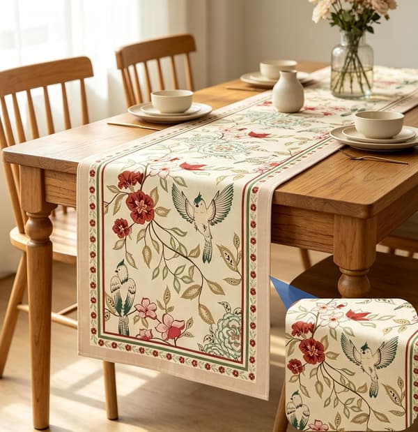 Floral and Bird Table Runner, 183x33cm Linen Fabric, Washable Reusable Table Runner for Dining Table, Floral Table Runner and Spring Tablecloth