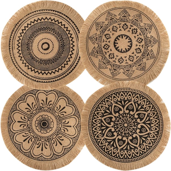 Sæt af 4 Vævede Runde Bordskånere Håndlavede Bordskånere Vævet Jute Kvaster Retro Bord Dekoration Kant Bomuld Kaffe Skånere Vandafvisende