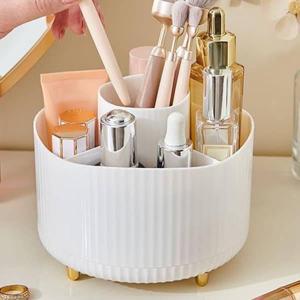 Rotating Makeup Brush Storage, Multi-Compartment Organizer, Desk Pen Holder White