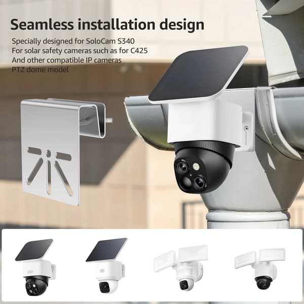 Gutter Mount Bracket for Solar-Powered Security Camera, Weatherproof Stainless Steel Outdoor Holder, Silver, 2 Pcs