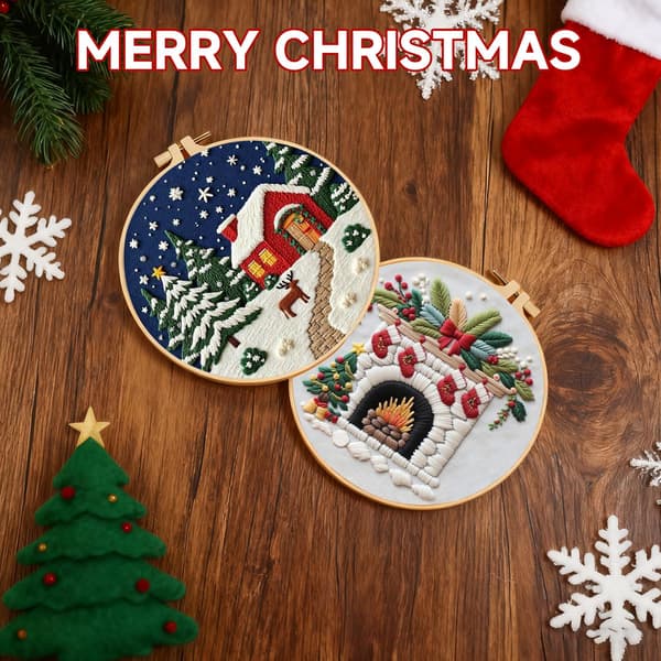 Christmas Embroidery Kit Three-Piece Set with Water-Soluble Pattern Bamboo Frame Needle and Instructions Christmas Craft Gift 20x20cm