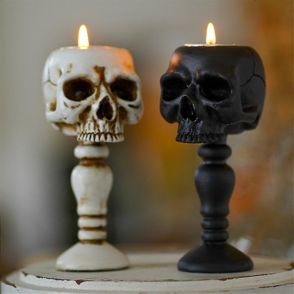 Skull Candelabra - Gotisk Bordsskiva Skull Candelabre Retro Spöklika Bordsskiva Te Ljusstake Skrämmande Hemmakontor Bar Fest Kyrkogård Decor2stwhite + B