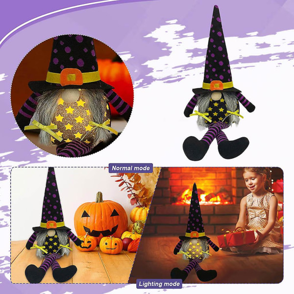 Halloween Gnome med LED Lys Lange Ben Håndlavet Plys Svensk Gnome Siddende Tomte Nordic StatueLilla