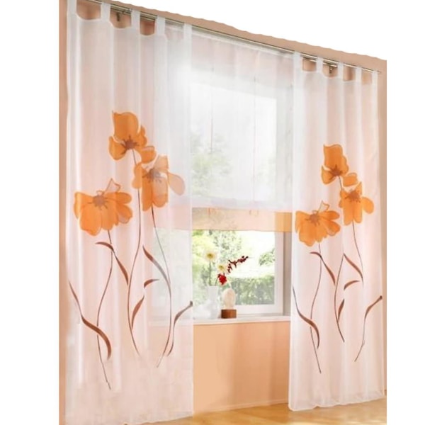 2 stk. Gardinscarf Gardin Trykte Blomster Gardin Til Stue Soveværelse Loop Scarf, Bredde 150cm / Højde 225cm, Orange