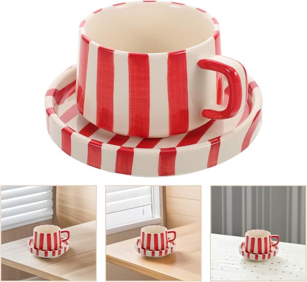 1 sett keramisk espressokopp med stripete design og matchende fat Elegant rustikk kaffekrus