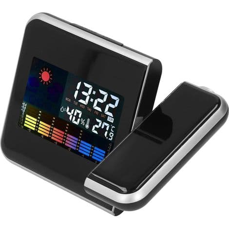 Weather Station with Projection - Color LCD Digital Clock, Temperature and Humidity Display, Alarm with Snooze, LED Backlight, Wireless, Black