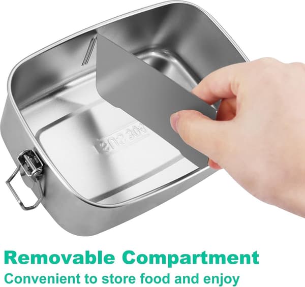 Stainless Steel Lunch Box 1100ml, Leakproof 2-Compartment Bento Container with Removable Divider, for School, Office, Travel, Silver