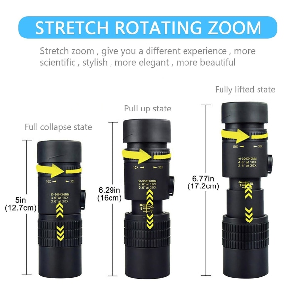 4k 10-300x40 mm bärbart monokulärt teleskop + kameratelefonklämma + stativ