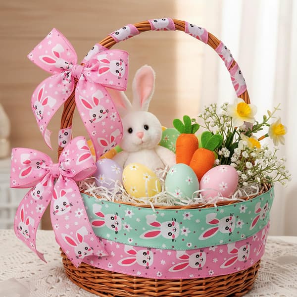 Easter Ribbon 4 Rolls Synthetic Linen Easter Ribbon 6.3 cm for Gift Wrapping DIY Spring Decoration Ribbon