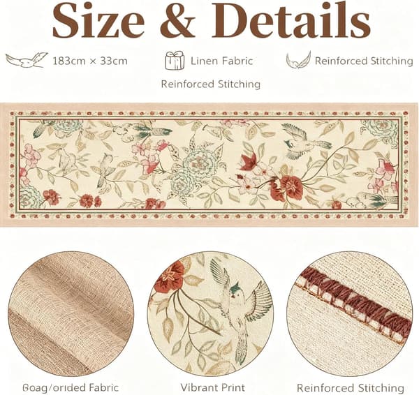 Floral and Bird Table Runner, 183x33cm Linen Fabric, Washable Reusable Table Runner for Dining Table, Floral Table Runner and Spring Tablecloth