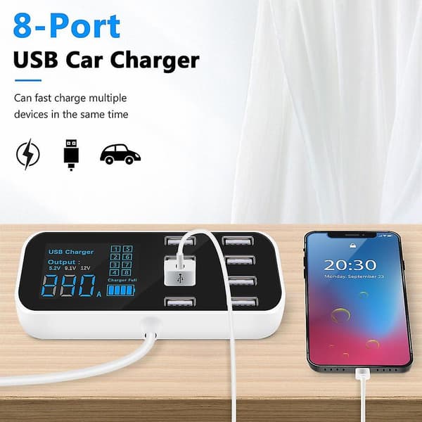 A9s Rask Billader 8-Port Multi USB LCD-Skjerm Telefonlader 12V Batterilader USB-Hub For Pho