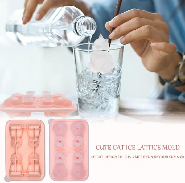Cat-shaped ice cube mold, Large silicone ice cube mold, Reusable, For iced coffee and fruit juice, Pink