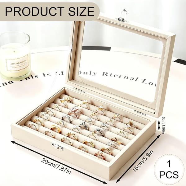 Smyckeskrin, smyckesringlåda, ringorganisatör, förvaringsfack med glas (vit) White