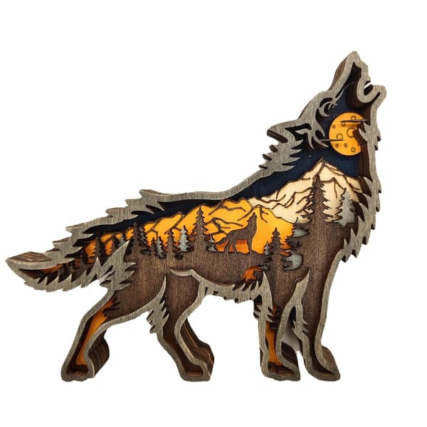 3D Wooden Wolf Totem Statue, Howling Wood Wolf with String Lights
