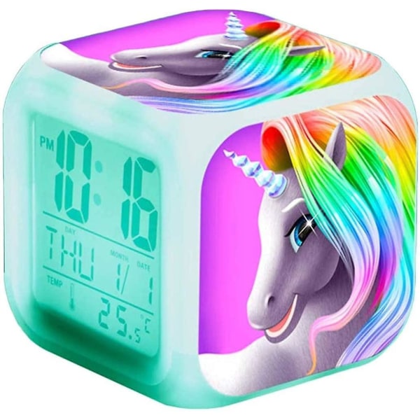 Unicorn Digital Vekkerklokke, 7 Fargeskiftende LED LCD Terning med Lys for Barn, Vekkerklokke ved Sengen, Bursdagsgave til Jente, Gutt, Kvinne, Soverom, Voksen