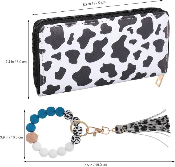 Cowhide Pattern Wallet for Women Long PU Leather Wallet with Beaded Tassel Wrist Keychain Set