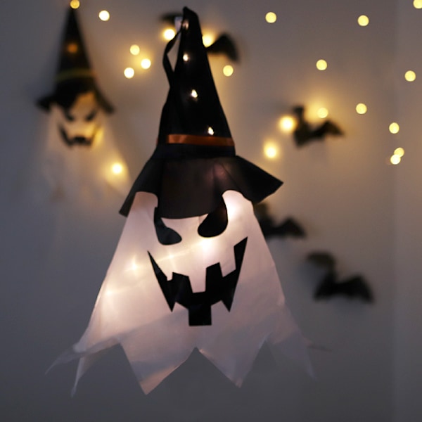 Halloween Hengeheksehatt og Spøkelsesdekorasjoner, med Fargerike LED-lys for Halloweenfest Utendørs Hage Innendørs Terrasse