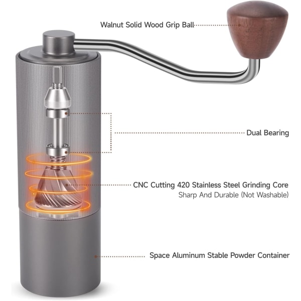 Manuel Kaffekværn, Håndkaffebønne Kværn med CNC Rustfrit Stål Konisk Burr, Numerisk Justerbar Fin Indstilling