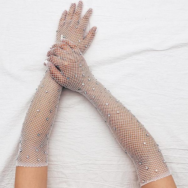 Damernas Rhinestone Mesh Långa Handskar Glittrande Mode Operahandskar för Fest Halloween Kostymer