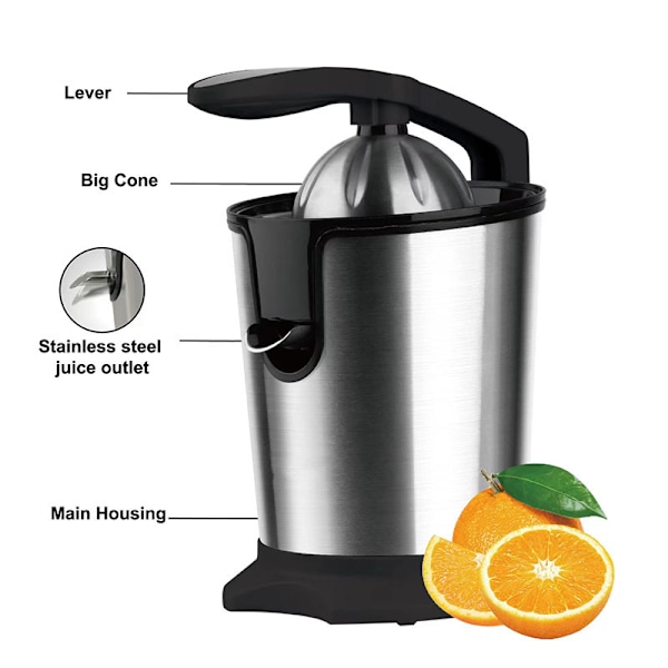 Elektrisk Citruspresser, til appelsin, citron, grapefrugt, rustfrit stål med blødt greb og kegleformet låg
