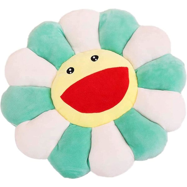 Grøn plys solsikkepude, Smile Face Murakami Flower Gulvpude, Farverigt Solblomst Plys Legetøj, Pet Pude Måtte Pude, Hjemmeværelse