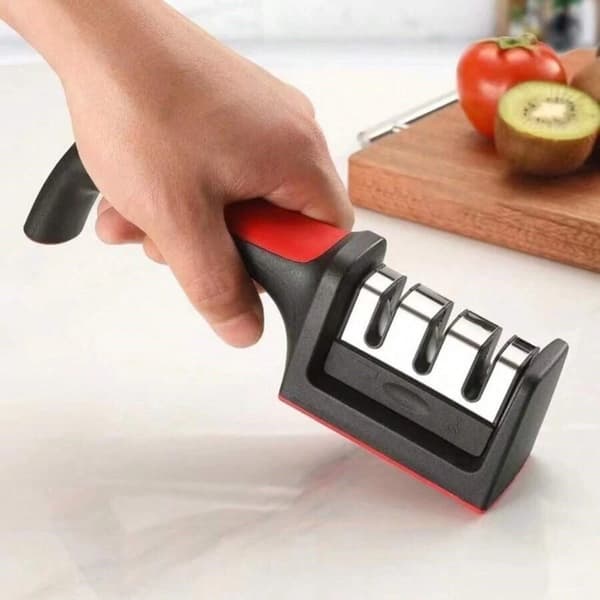 Three-in-one manual knife sharpener for the home kitchen.