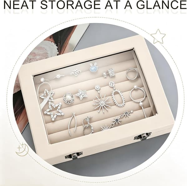 Smyckeskrin, smyckesringlåda, ringorganisatör, förvaringsfack med glas (vit) White