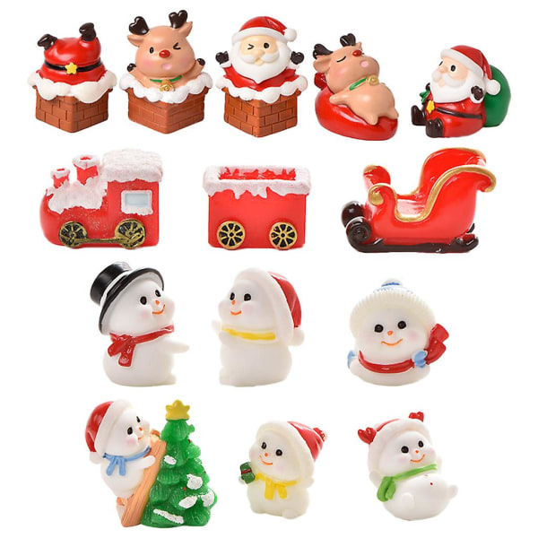 14 stk Juler Miniatyrfigurer Mini Julenissen Snømann Rein Leke Mikro Landskap Ornament for DIY Eventyrhage Dekorasjon